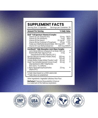 Research Verified Memory Booster - Nootropic Supplement - Enhance Cognition and Memory - Lion s Mane, Ginkgo Biloba, BioPerine - 60 Capsules - Non-GMO - Made in The USA 1 - Buy Online on GoSupps.com