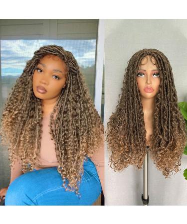 SOKU Lace Front Faux Locs Braided Wig 28  Swiss Lace Ombre Brown Mixed Bohemian Curly Hair Hand-braided Synthetic Crochet Braids with Baby Hair Lightweight Bouncy Dreadlocs for Women Gift Halloween 1-MT4/27 (Ombre Light...