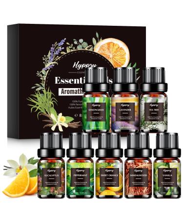 Hyppry 8 x 10ml Essential Oils Set 100% Pure Natural Aromatherapy Essential Oils for Diffuser for Home - Tea Tree Lavender Peppermint Sweet Orange Lemongrass Eucalyptus Vanilla Sandalwood 8 Scents