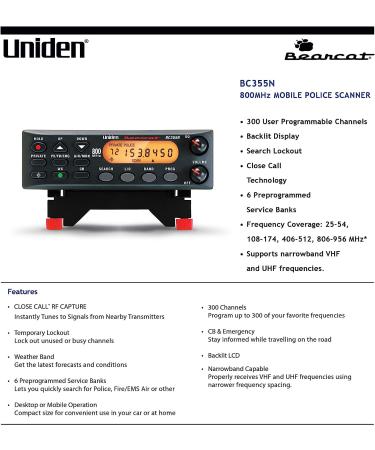 Uniden BC355N 800 MHz 300-Channel Scanner with Close Call RF Capture | Pre-Programmed Action Bands for Police, Fire, Weather & More | Base/Mobile Scanner in Black - Buy Online on GoSupps.com