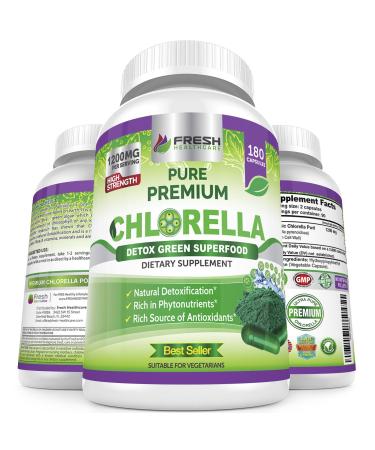 Premium Chlorella Supplement by Fresh Healthcare, 1200mg Pure Vegan Powder Capsules, 180 Chlorophyll and CFG Pills, Natural Detox Superfood, Naturally Contains B Vitamins and Minerals