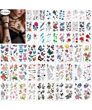 60 Sheets Waterproof Butterfly Flower Temporary Tattoos Stickers for Women Multiple Design Styles