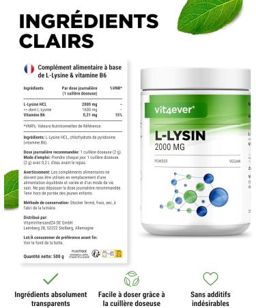 L-Lysine en poudre - 500g granul s - Bonne solubilit - Lysine HCL issue de fermentation v g tale - Vegan - Vit4ever - Buy Online on GoSupps.com