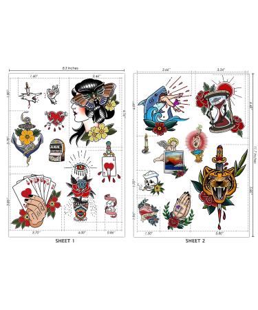 Vintage Temporary Tattoos - 60pcs Classic Old School Stickers, Waterproof Rose, Swallows, Butterflies & Swords Design for Men and Women - Buy Online on GoSupps.com