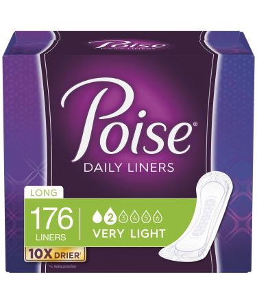 Poise Daily Incontinence Panty Liners, Very Light Absorbency, Long, 176 Count (4 Packs of 44) (Packaging May Vary)