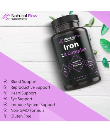 Iron Supplement 2-in-1 Complete Complex - Natural Flow 2X Heme and Chelated Non Heme Iron Bisglycinate Folate B and Vitamin C for Anemia and Blood Building Support Gentle on Stomach 60 Caps (60) - Buy Online on GoSupps.com