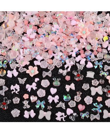 Sinyanail Acrylic Butterfly Bow Bear Flower Heart Crown Nail Charms Mixed Starry AB Nail Rhinestones Crystals Gems for Nail Art Decorations Designs DIY Crafting Accessories (100pcs-pink)