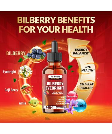Tenmido Bilberry Extract Liquid - 7in1 Herbal Supplements with Eyebright Goji Berry Amla Lutein Zeaxanthin and Saffron - Vegan Non-GMO - 30ml 1 Fl Oz - Buy Online on GoSupps.com