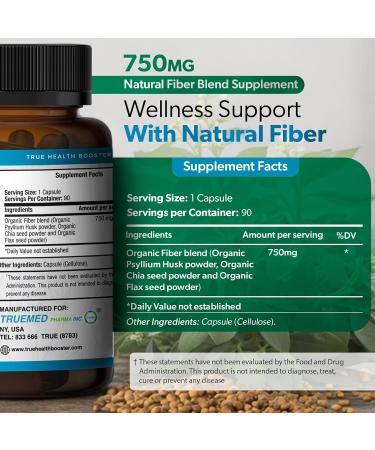 TRUEMED 3-in-1 Fiber Supplement 750mg Organic Blend with Psyllium Husk Chia & Flax Seed Plant-Based Fiber Capsules for Digestive Health & Cardiovascular Wellness Made in USA 90 Count - Buy Online on GoSupps.com