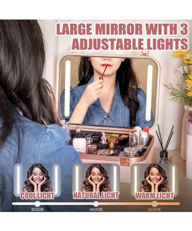 Coetic Makeup Travel Case with Large LED Mirror - Pink | Professional Organizer Bag with Adjustable Divider | Waterproof Portable Train Box for Makeup and Tools - Buy Online on GoSupps.com