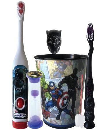 Marvel Avengers Bright Smile Oral Hygiene Bundles Turbo Powered Toothbrush  Brushing Timer and Mouthwash Rinse Cup. Plus Dental Gift Bag and Tooth Saver Necklace (3 Piece  Black Panther V2.0)