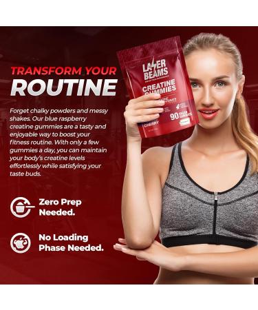 Laser Beams Creatine Monohydrate Gummies - 5g Creapure Creatine per Serving - Vegan - Boost Muscle Strength, Endurance, Recovery & Mental Focus - 90 Gummies, Gluten-Free (Strawberry) - Buy Online on GoSupps.com