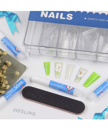 INFELING 500pcs Clear Coffin Nail Tips & Glue Set - Half Cover Press-On French Nails, Nail File Included - Buy Online on GoSupps.com