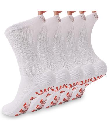 Aaronano Diabetic Socks for Men Women Non Slip Hospital Socks Bamboo Non-Binding Crew Socks 5 Pairs Large White