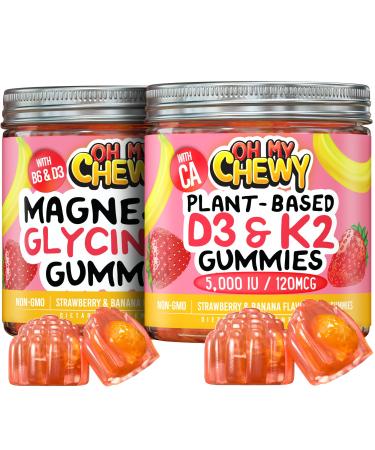 OH MY CHEWY Magnesium + D3K2 Gummies Bundle 2 Bottles (60 Each) Strawberry Banana