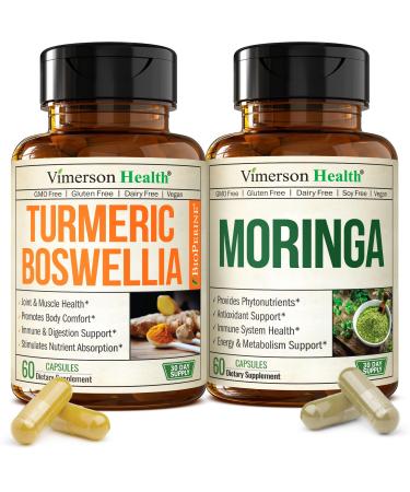 Boswellia Turmeric Curcumin Supplement + Moringa Capsules Bundle Supports Joint Health Balanced Energy & Healthy Metabolism with Ginger Root Organic Turmeric Powder and 100% Pure Moringa Powder