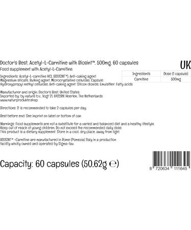 Doctor's Best Acetyl-L-Carnitine 500mg 60 Vegan Capsules - Laboratory Tested, Gluten-Free, SOYA-Free, Vegetarian, Non-GMO - Buy Online on GoSupps.com