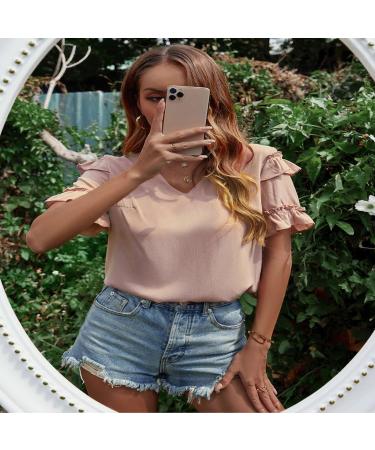 Short Sleeve Shirt Soft Loose Ruffled Bell Sleeve Vneck Casual Blouse for Women for Office Work Pink Large - Buy Online on GoSupps.com
