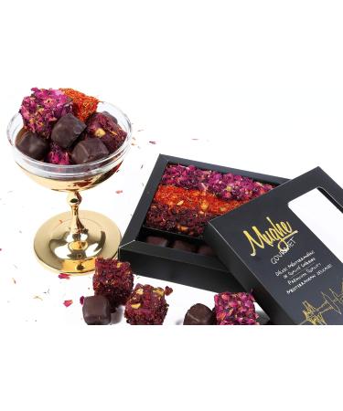 Mughe Gourmet Luxury Turkish Delight Assorted 360g (13Oz) 25 pc.- 4 Varieties: Dark Chocolate Rose Saffron Zereshk with Pomegranate Flavor - Prestigious Lokum Gift Box - Perfect for Special Days - Buy Online on GoSupps.com