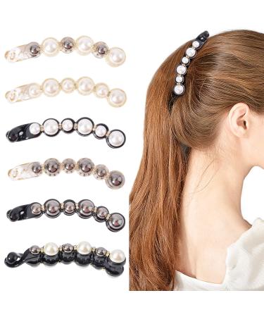 DEEKA 6 PCS Pearl Hair Clip Banana Clips Ponytail Holder Banana Hair Clips Thick Fine Hair Clip French Barrettes Rhinestones Jaw Clips for Women and Girls 4.1 Inch (Pack of 6) Pearl Color