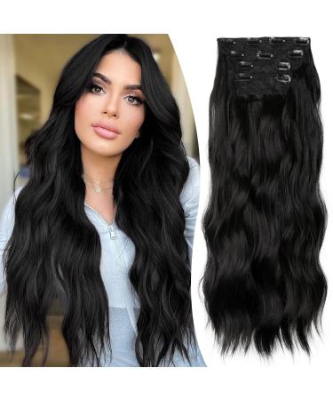 SHUOPUS Black Hair Extensions 24inches Clip in Long Curly Wavy Synthetic Hair Extensions Soft Thick Hairpieces for Women 4PCS Double Weft Hair Full Head