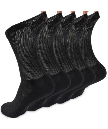 Aaronano Diabetic Socks for Men Hospital Socks Women Bamboo Loose Fit Non-Binding Crew Socks 5 Pairs Large Black