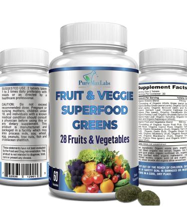 Fruit and Veggie Superfood Greens - 28 Fruits and Vegetables incl. Alfalfa, Barley Grass, Spirulina, Beet Root, Tart Cherry, Blackberry, Concentrated Natural Antioxidants, non-GMO formula - 60 Tablets