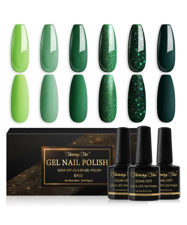 Shining She Nail Polishes Set 6 Colours Cyan Evergreen Dark Glitter Green Gel Polish Set Soak-Off UV/LED Nail Polish Gel Gift for Nail Art Salon DIY Home 8ML