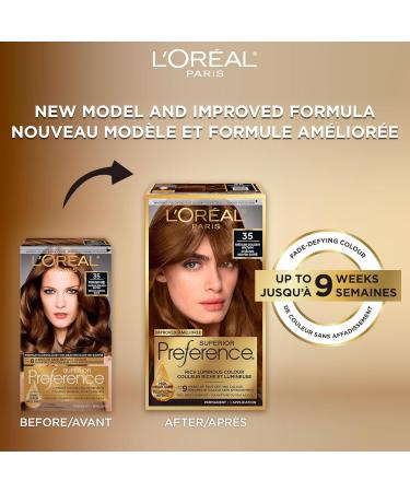 L Or al Paris Superior Preference 9 weeks of Luminous Fade-Defying Permanent Hair Dye 35 Medium Golden Brown 100% Grey Coverage 1 Hair Dye Kit (Packaging May Vary) 1 Count ( Pack Of 1 ) Medium Golden Brown - Buy Online on GoSupps.com