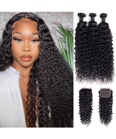 Curly Hair Bundles With Closure 12A Brazilian 100% Unprocessed Virgin Human Hair Weave Double Weft Wet And Jerry Curly Wave 3 Bundles With 4x4 Lace Closure Pre Plucked Natural Black (16 18 20 with 14) 16 18 20+14 Curly B...