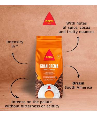 Delta Caf s - Gran Crema - 1 kg de Caf en Grains - Intensit 9 - M lange de Grains Torr fi s 100 % Arabica de Colombie et du Guatemala - Cr meux aux Notes de Cacao et Caramel 1 kg (Lot de 1) - Buy Online on GoSupps.com
