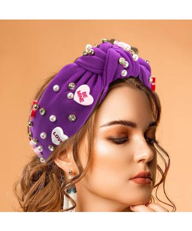 Love Heart Knotted Headband - Pink Top Knot Headband High Skull Pearl Love Heart Headband | Sophisticated Valentine's Day Headband Rhinestone Crystal Jeweled Embellished Hairband for Women Purple - Buy Online on GoSupps.com