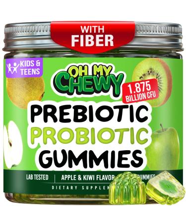 Center-Filled Kids Probiotic Gummies - with Prebiotic and Vegan Inulin Fiber for Digestive Support - Gut Health Supplement for 4+ Yo Children & Teens - Delicious Apple & Kiwi Flavor - 60 CT