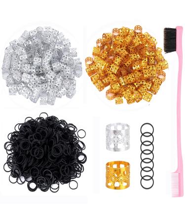 Hair Braids Decorations/Accessories Set - 200 Dreadlocks Beads, 1000 Mini Rubber Bands and 1 Hair Edge Brush for Women Jewelry Braids Cuffs