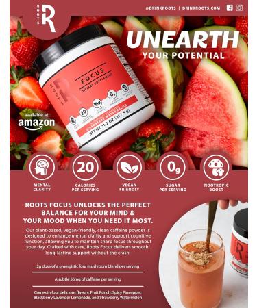Roots Focus Nootropic Brain Supplement - Fruit Punch | Lion's Mane Cordyceps & Reishi Mushrooms + Extended-Release Caffeine - 50 Servings - Buy Online on GoSupps.com
