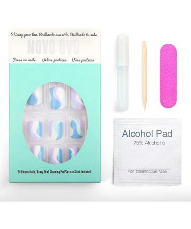 NOVO OVO Turquoise Pale Blue False Nails for Summer - Short Square Oval Press On Nails in Lavender Iridescent Acrylic Kit - Buy Online on GoSupps.com