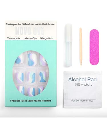 Novo Ovo Short Corner Oval Press On Nails - Purple White Green Strudel - Lavender Stick Artificial Fingernails with Glue for Valentine's Day | International Shipping - Buy Online on GoSupps.com