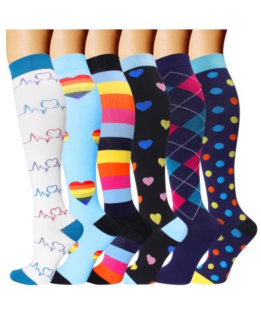 Compression stockings for men and women 20-30 mmHg for running nurses flight pregnancy (multi-colored 6 pairs) Large/XL
