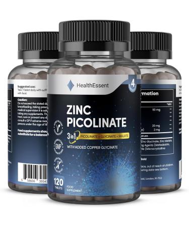 Zinc Picolinate 3-in-1 High Strength 92mg - Zinc Picolate Glycinate and Malate with Added Copper Glycinate - Immune Support Hair Skin & Nails - (4 Month Supply) - 120 Tablets by HealthEssent - Buy Online on GoSupps.com