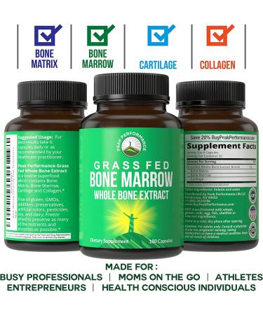 Grass Fed Bone Marrow Supplement - 180 Capsules by Peak Performance | Rich in Collagen, Vitamins, Amino Acids | Ancestral Superfood Pills from Bone Matrix, Marrow, Cartilage - Buy Online on GoSupps.com