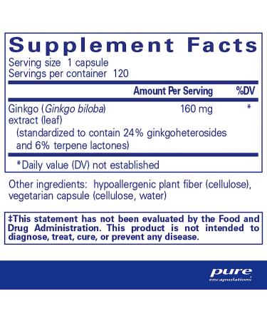 Pure Encapsulations Ginkgo 50 160mg | Ginkgo Biloba Supplement for Oxygen & Blood Circulation Support | Memory Aid for Aging | 120 Capsules - Buy Online on GoSupps.com