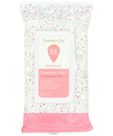 Summer's Eve Cleansing Cloths for Sensitive Skin - PH-Balanced - Help Wipe Away Odor-Causing Bacteria - Doctor Tested - Sheer Floral Scent - 32 Count Floral Fresh 32 Count (Pack of 1)