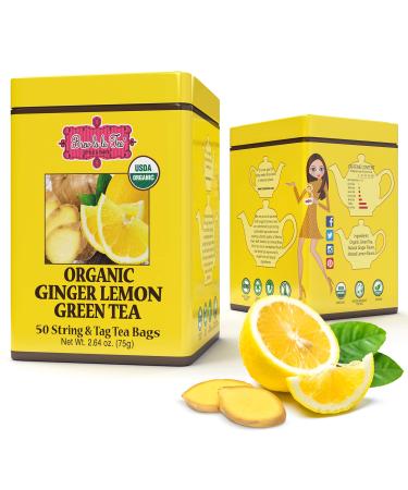 Brew La La Organic Green Tea - Natural Ginger Lemon Flavor - 50 Tea Bag Tin - Low Caffeine Tea - USDA Certified Organic