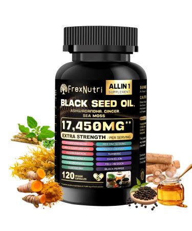 FrexNutri Sea Moss & Black Seed Oil Capsules Organic Sea Moss with Ashwagandha Ginger Burdock Root & Bladderwrack 120 Capsules for Natural Vitality & Wellness Support