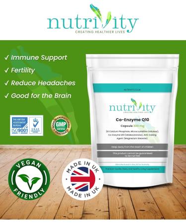 CoQ10 300mg Vegan Capsule - High Strength Ubiquinone Supplement by Nutrivity (365) - Made in UK - Buy Online on GoSupps.com
