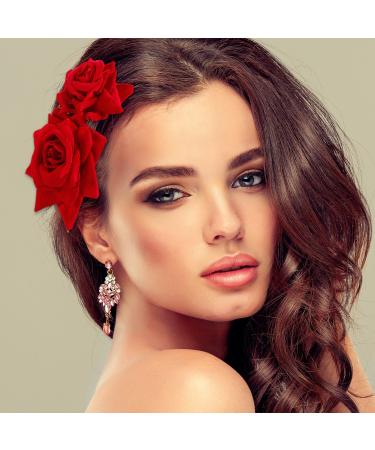 2 Pack Red Rose Flower Hair Clips for Women - Wedding and Flamenco Dancer Hair Accessories - Buy Online on GoSupps.com