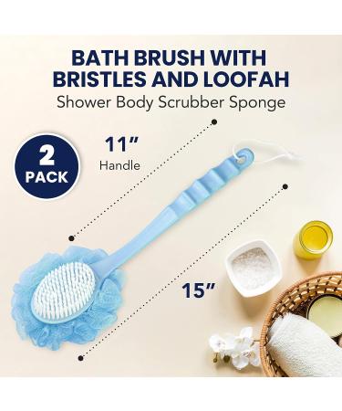 DecorRack Bath Brush with Bristles and Loofah Shower Scrubber Sponge - Exfoliating Dry/Wet Brush with Long Handle - Pink/Blue, 2 Pack - Buy Online on GoSupps.com