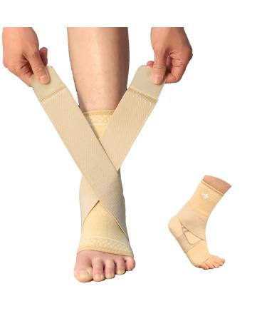 ABIRAM Foot Sleeve (Pair) with Compression Wrap Ankle Brace For Arch Ankle Support Football Basketball Volleyball Running For Sprained Foot Tendonitis Plantar Fasciitis Beige Medium
