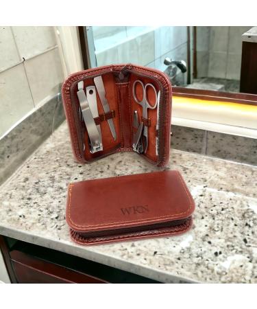 Personalised Male Travel Brown PU Leather Manicure Grooming Gift Set - Engraved Mens Gift - Buy Online on GoSupps.com