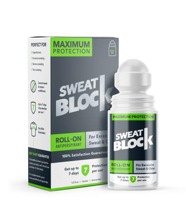 SweatBlock Antiperspirant Roll-on - Max Clinical with DRIBOOST [PM] - Treat Hyperhidrosis, Excessive Sweat & Odor, Up to 7 Days Sweat Control Per Use - Unisex - 1.2 FL OZ [PM] ROLL-ON